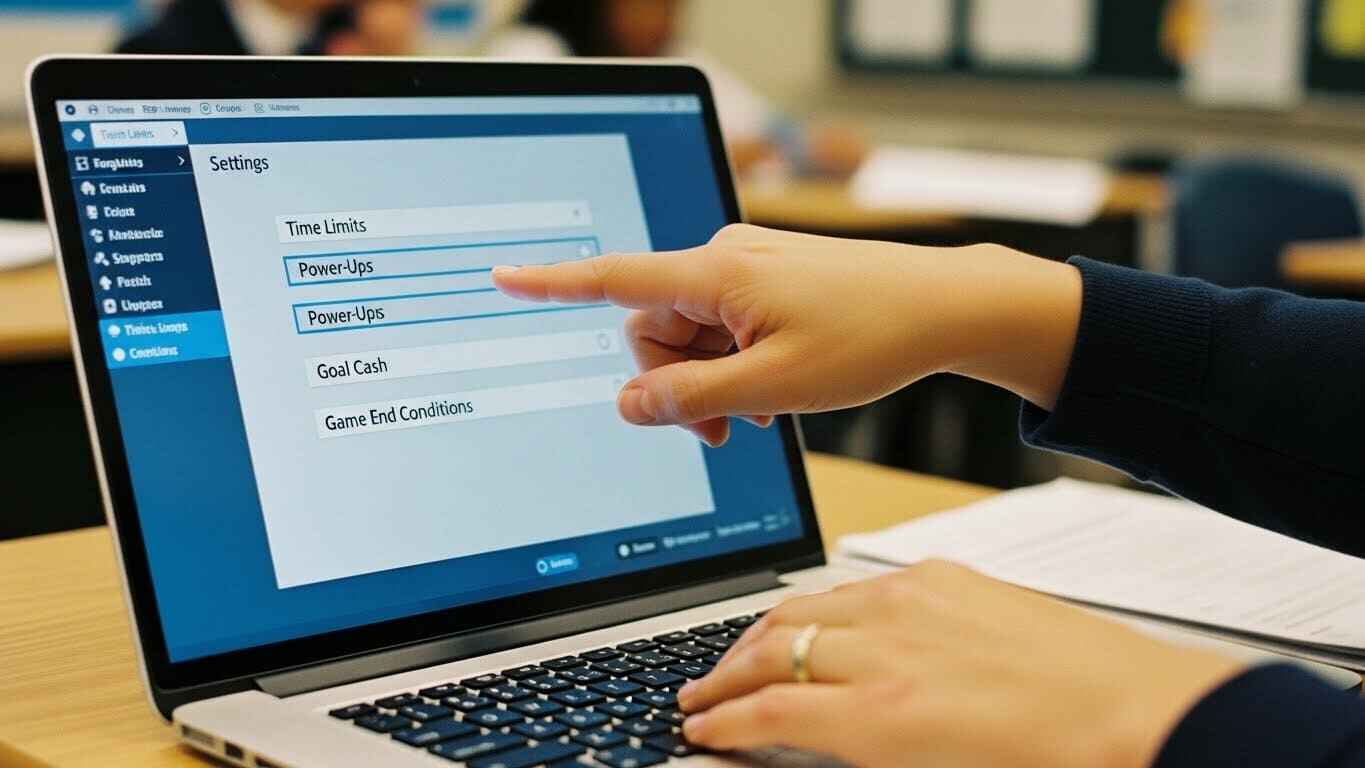 On-screen settings panel displaying adjustable options like game time, power-ups, and end conditions highlighted.