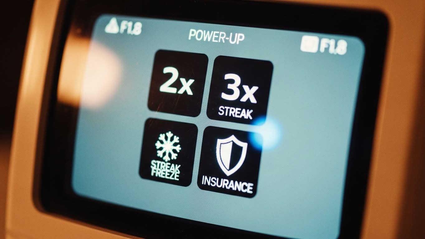 Photo of a digital interface showing power-up icons like multipliers, streak freeze, and insurance.