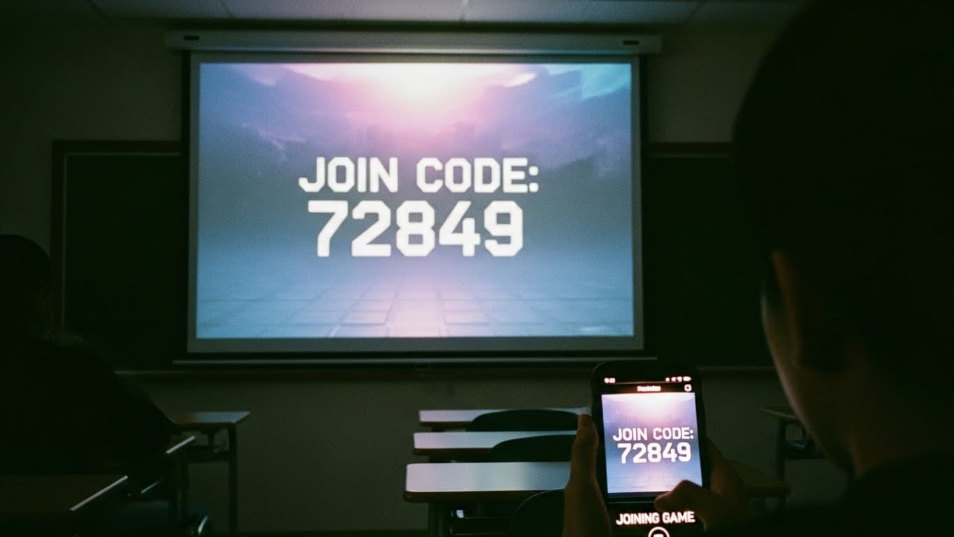 Projector displaying a game lobby with a join code while a student joins the game on a smartphone.