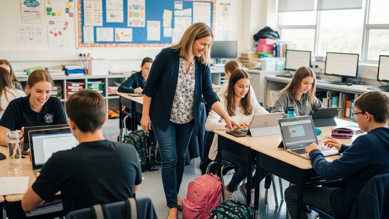 Teacher managing two groups of students, each using devices in small clusters, representing split-group game sessions.