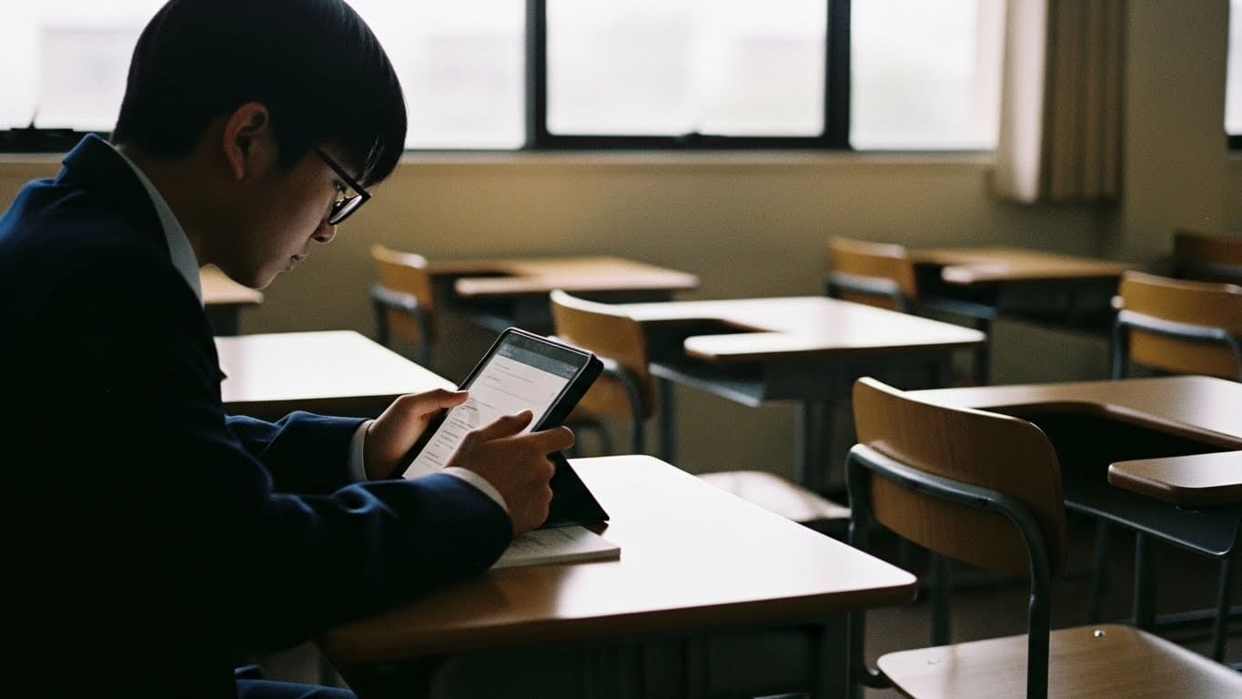 Photo of a student practicing quiz questions alone in a quiet classroom for XP gain.