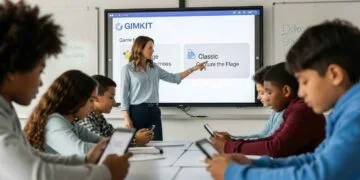Photo-realistic image of a middle school classroom where a smiling teacher is setting up a Gimkit game on an interactive smartboard, while students actively participate on tablets and smartphones, demonstrating high engagement with the educational game platform.
