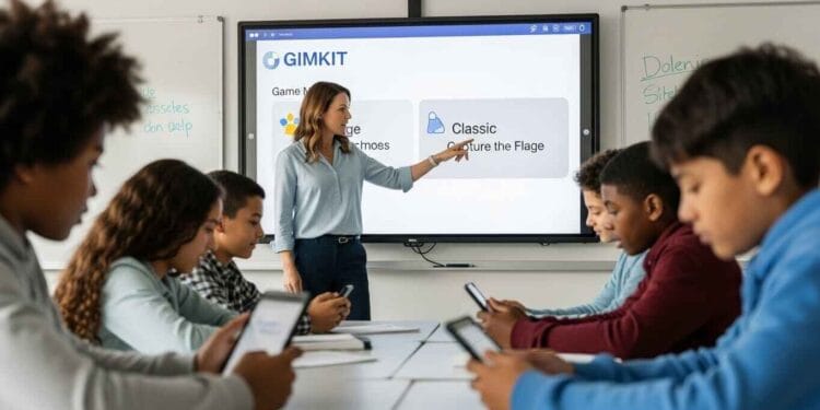 Photo-realistic image of a middle school classroom where a smiling teacher is setting up a Gimkit game on an interactive smartboard, while students actively participate on tablets and smartphones, demonstrating high engagement with the educational game platform.