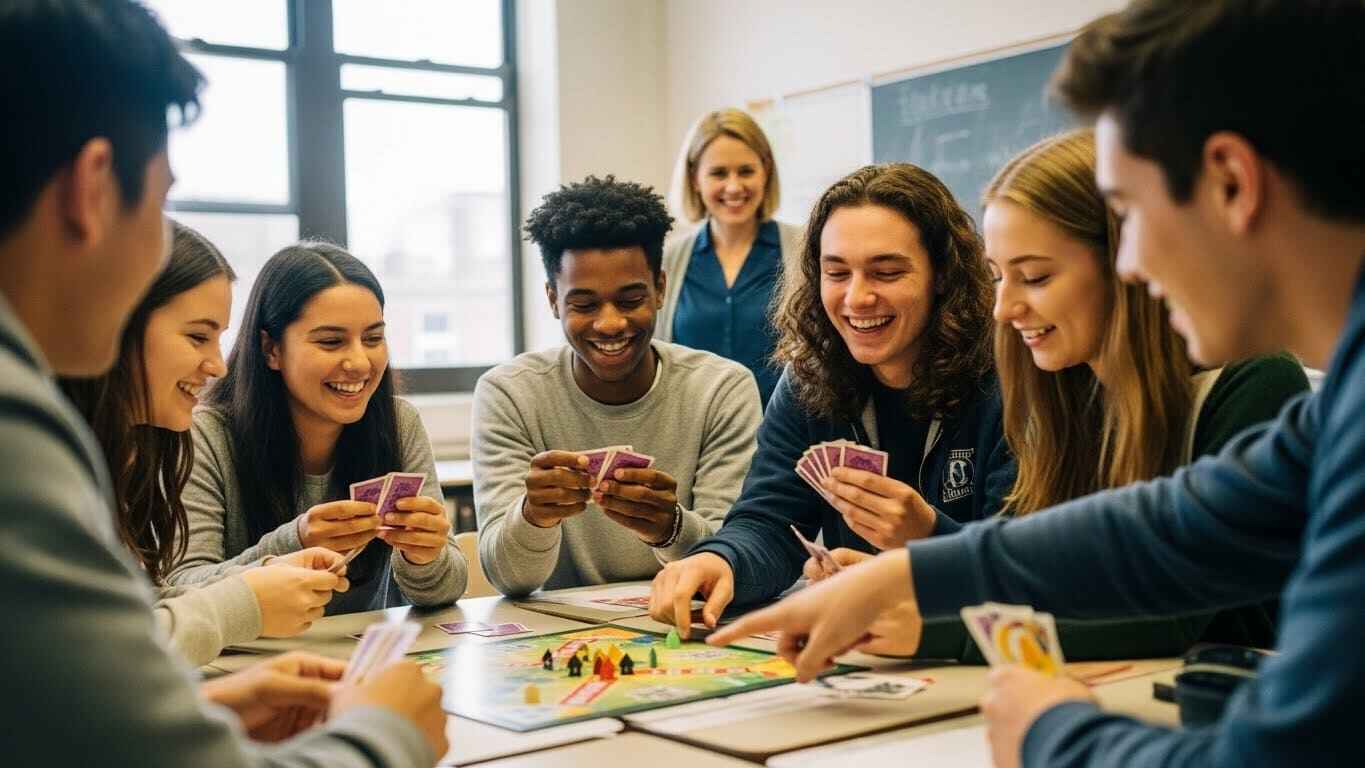 “A teacher and students enjoying a classroom game that emphasizes strategy and engagement.”