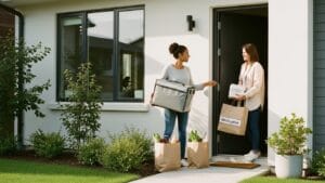 Instant home delivery service bringing groceries and packages to a modern home, showcasing convenience and fast doorstep delivery.