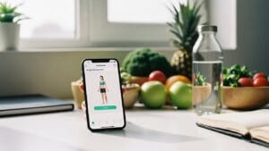 A modern smartphone displaying a weight management app alongside healthy food and fitness items, representing instant access to digital weight loss solutions.