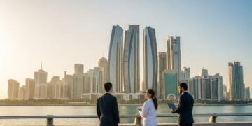 Abu Dhabi Golden Visa requirements explained with professionals and investors overlooking Abu Dhabi skyline in 2026