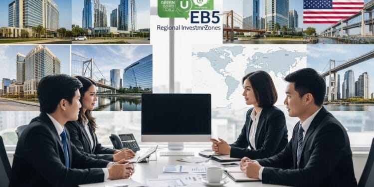 "EB5 Regional Center Projects infographic showing U.S. investment opportunities for foreign nationals seeking residency. Highlights include real estate, infrastructure, and job creation."