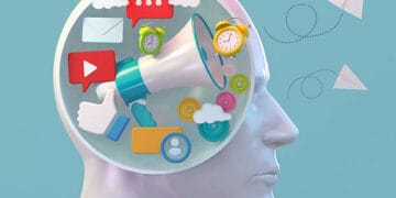 A conceptual depiction of a humanoid head showcasing a variety of digital communication elements. Symbols of social media, notifications, and clocks represent modern interactions and thoughts.