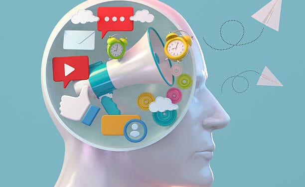 A conceptual depiction of a humanoid head showcasing a variety of digital communication elements. Symbols of social media, notifications, and clocks represent modern interactions and thoughts.