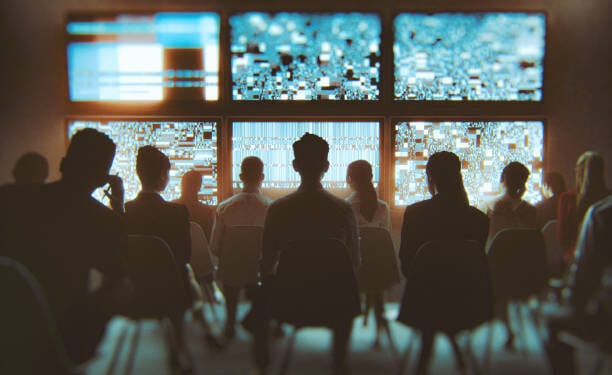 Group of people watching multiple TV sets at the same time. This is entirely 3D generated image.