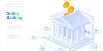 Online banking white poster. Financial occupation, building with gold coins. Loan and mortgage, credit. Landing page design. Cartoon isometric vector illustration isolated on white background